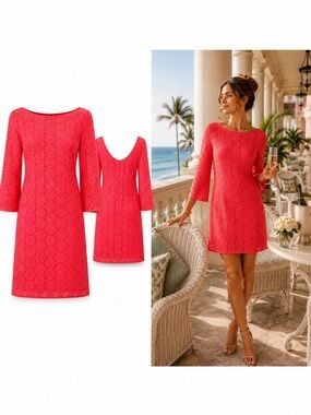 Lilly Pulitzer Topanga Breakers Lace Shift Dress XS Island Coral Crochet Dress